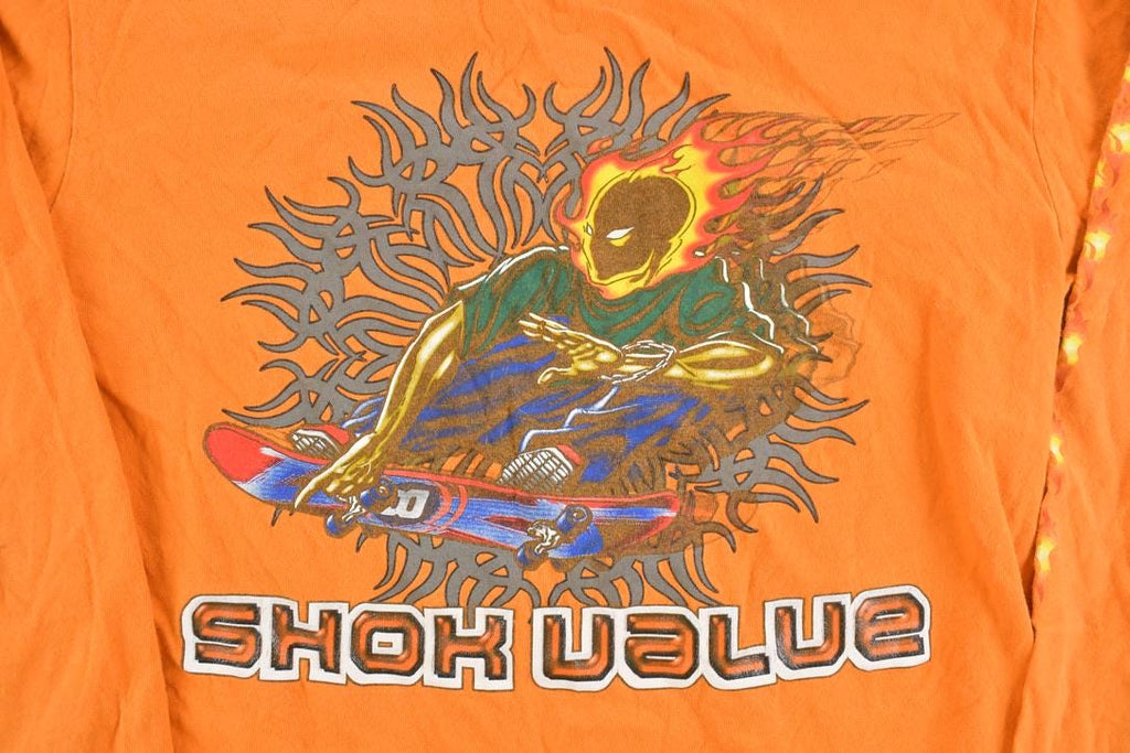 Vintage 1990s Shok Value Skateboarding Fire Head Graphic Long Sleeve T-Shirt