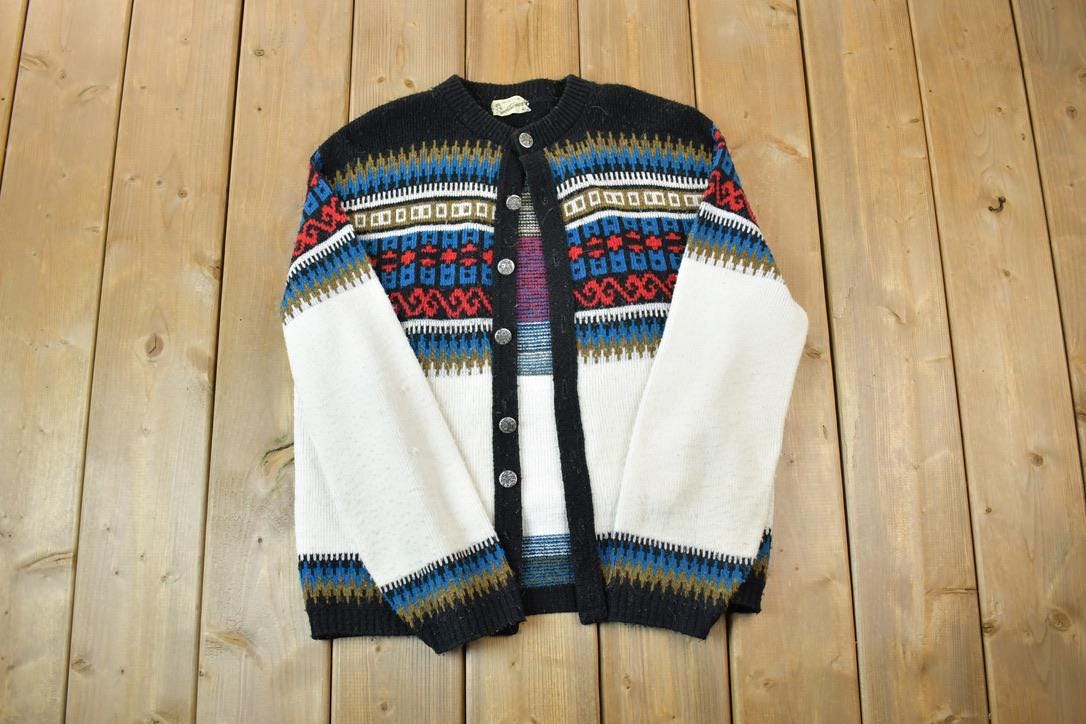Vintage 1970s Custom Styled Sportswear Knit Crewneck Button Up Sweater