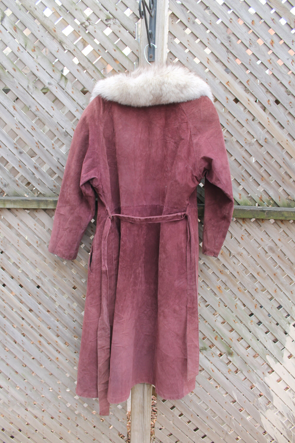 Vintage 1980s Fox Fur Collar Suede Trench Coat Winter Outerwear