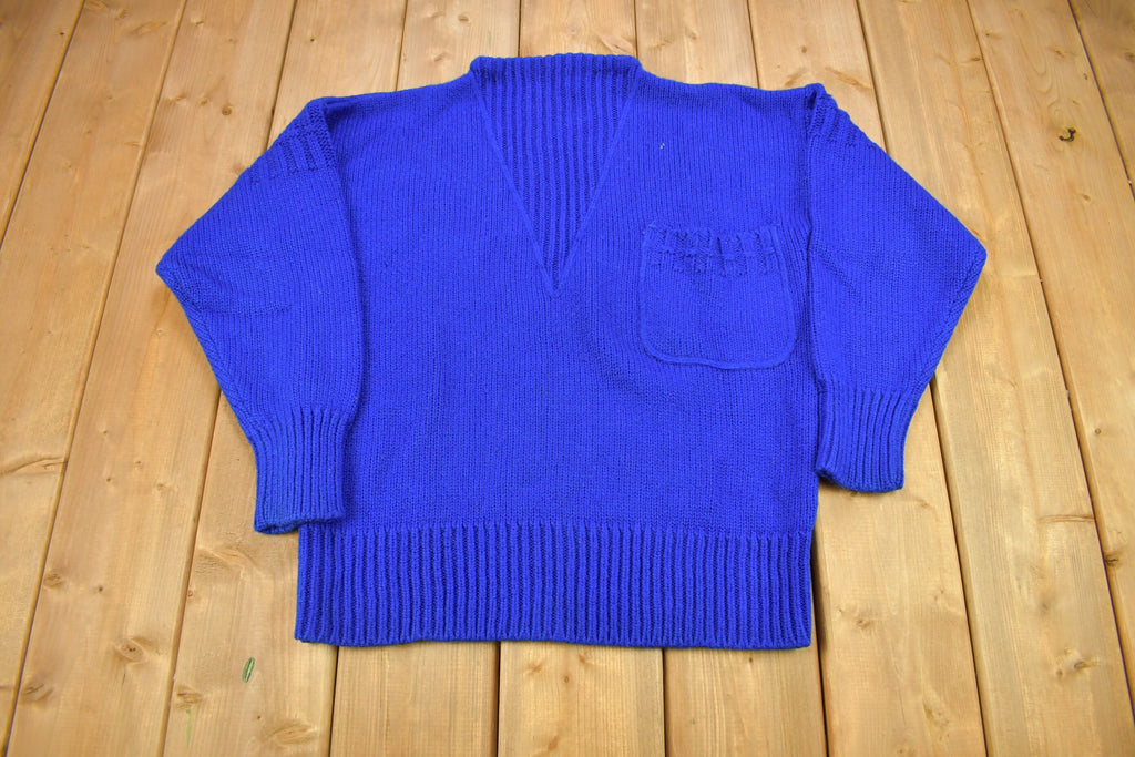 Vintage 1980s Yellow Rose Knitted Crewneck Sweater With Chest Pocket /
