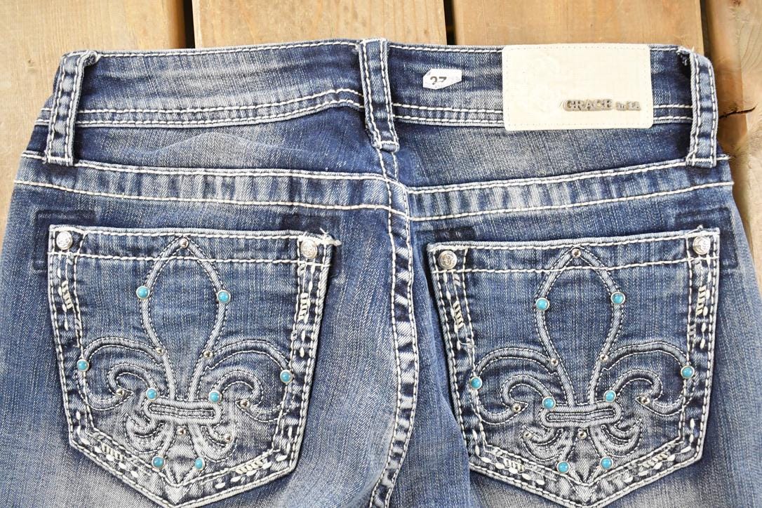 Vintage Deadstock Y2K Grace In LA Bedazzled Low Rise Jeans Women's Size 27 x 32