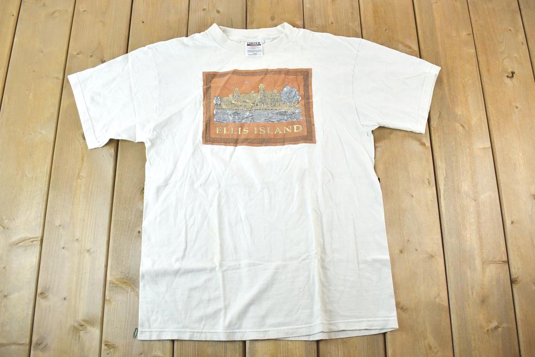 Vintage 1990s Ellis Island Souvenir Single Stitch Graphic Print T-Shirt Made In USA