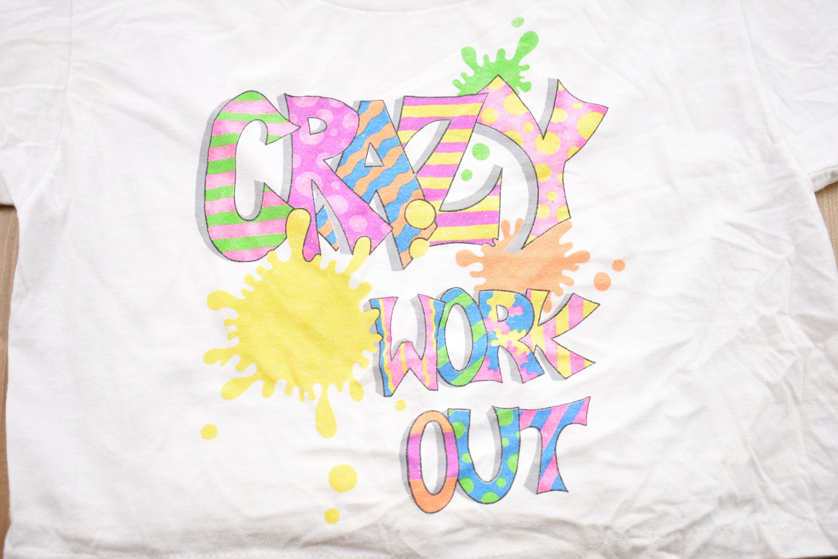 Vintage 1990s Kids Crazy Work Out Graphic Cropped T-Shirt / Graphic / 80s / 90s / Streetwear / Retro Style / Single Stitch / Made In USA