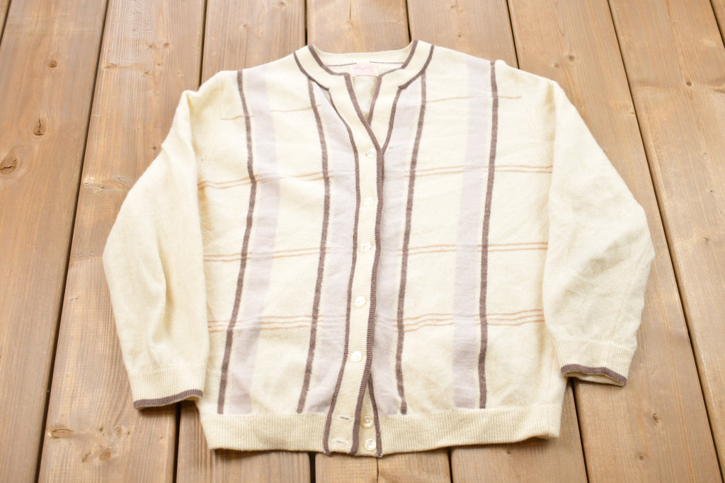 Vintage 1980s Fully Fashioned Plaid Knitted Cardigan Sweater