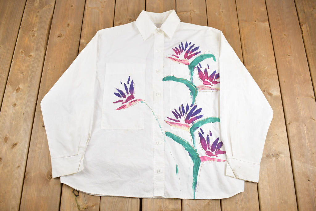 Vintage 1990s Hand Painted Floral Button Up Shirt
