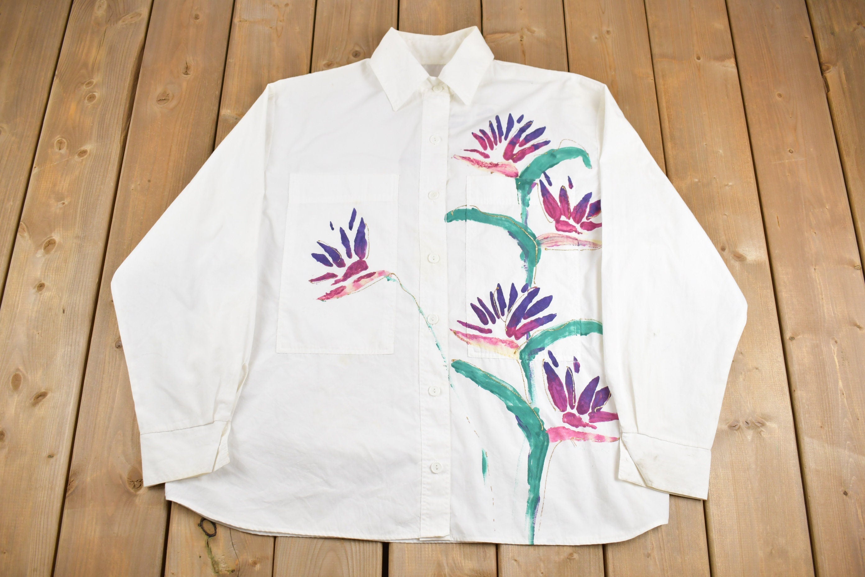 Vintage 1990s Hand Painted Floral Button Up Shirt