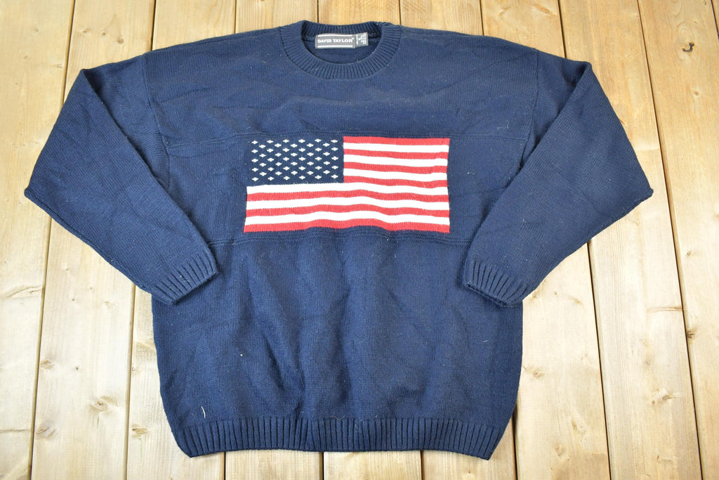 Vintage 1990s David Taylor American Flag Knit Crewneck Sweater Mens XL