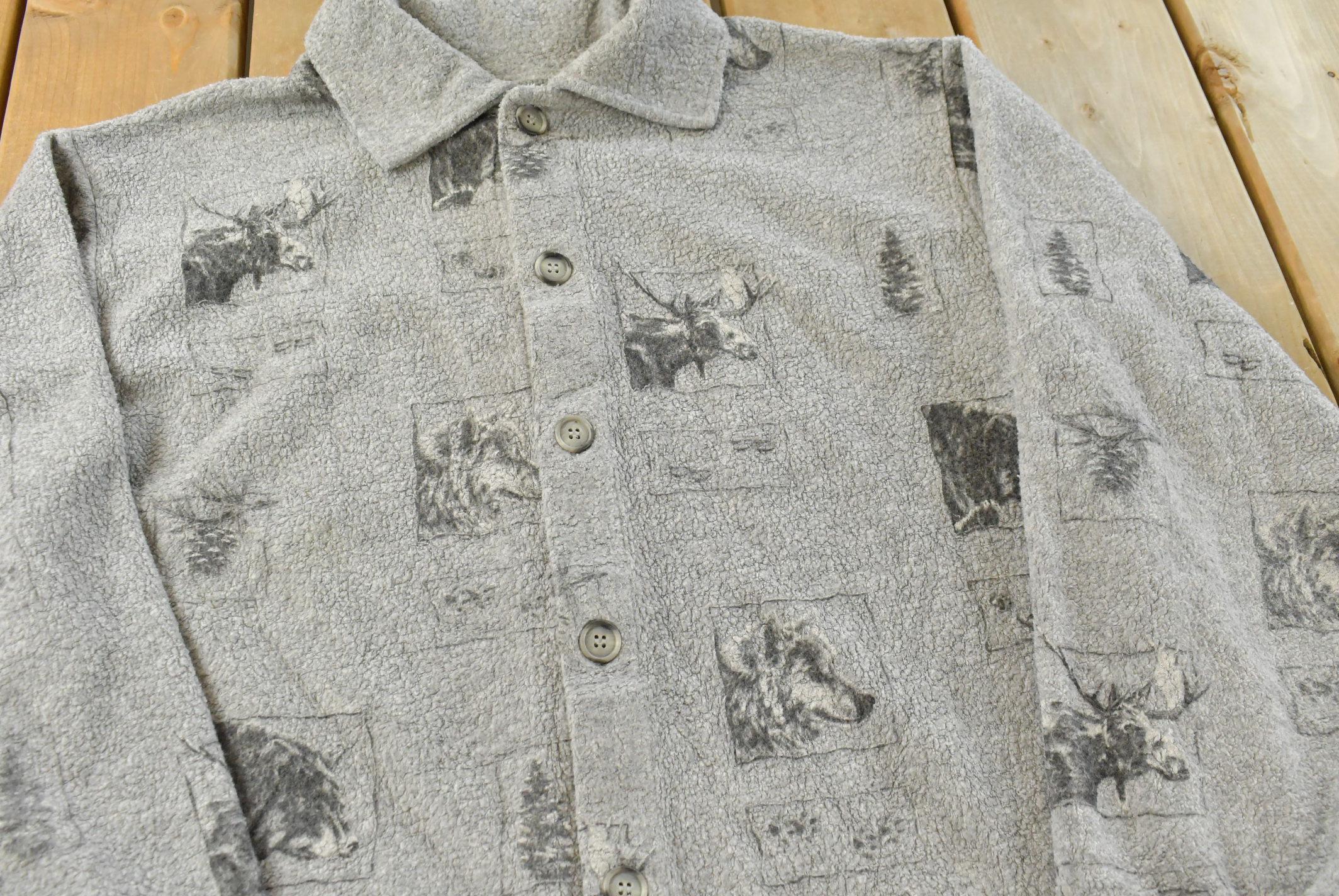 Vintage 1990s Animal Print Fleece Button Up Shirt Mens L