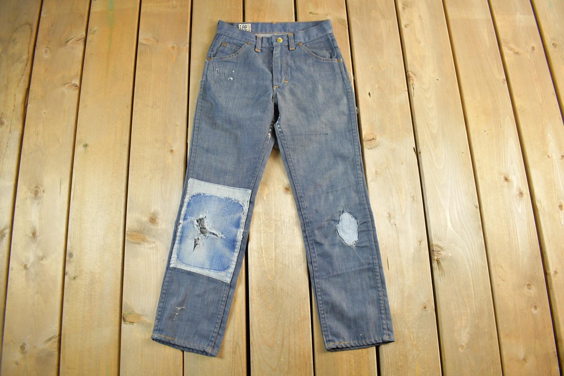 Vintage 1960s 1970s Lee Distressed Denim Jeans Youth 24 x 23.5