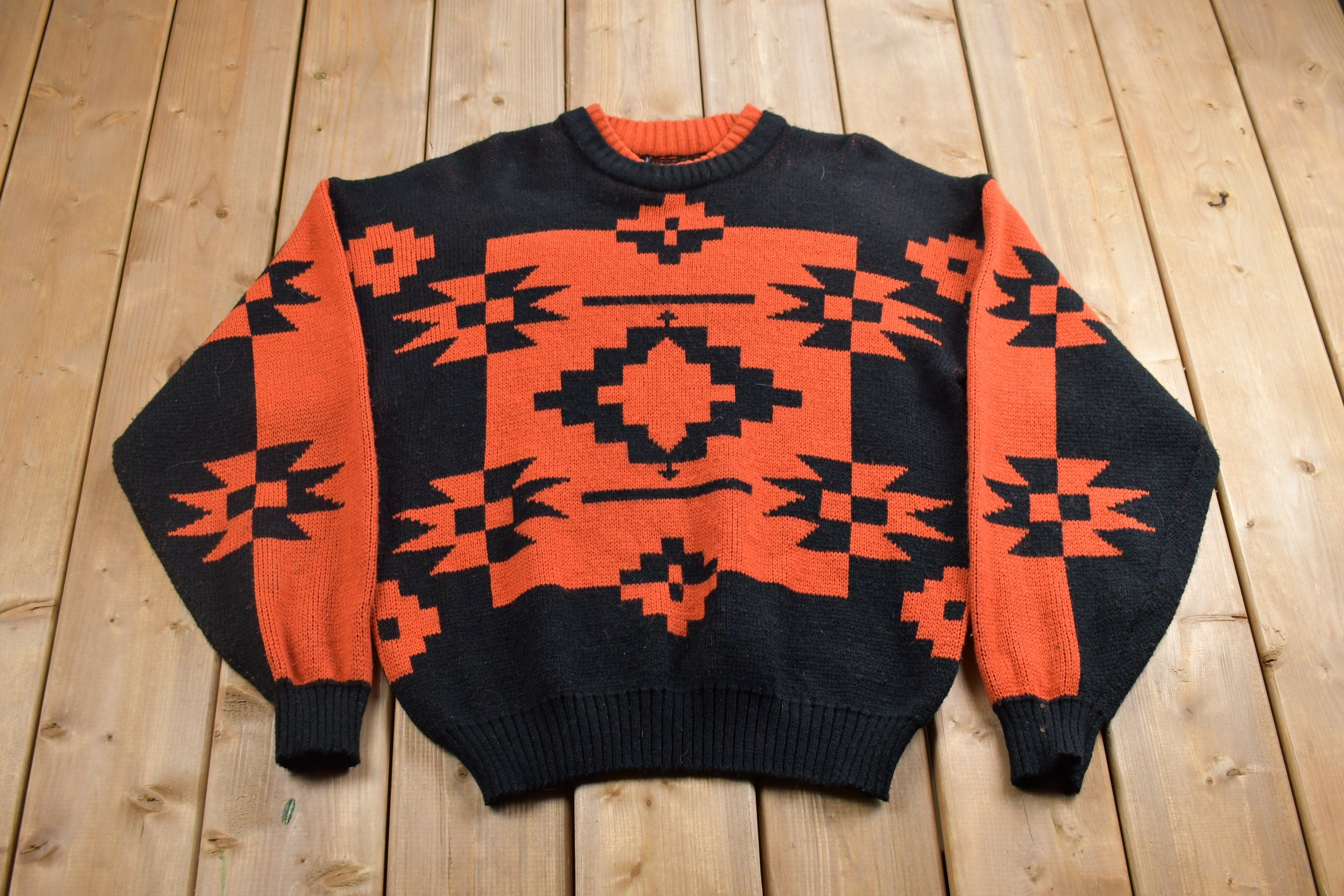 Vintage 1990s Patterned Knitted Crewneck Sweater / Vintage 90s Crewneck / All Over Pattern / Colorful / Sweatshirt / Abstract Pattern