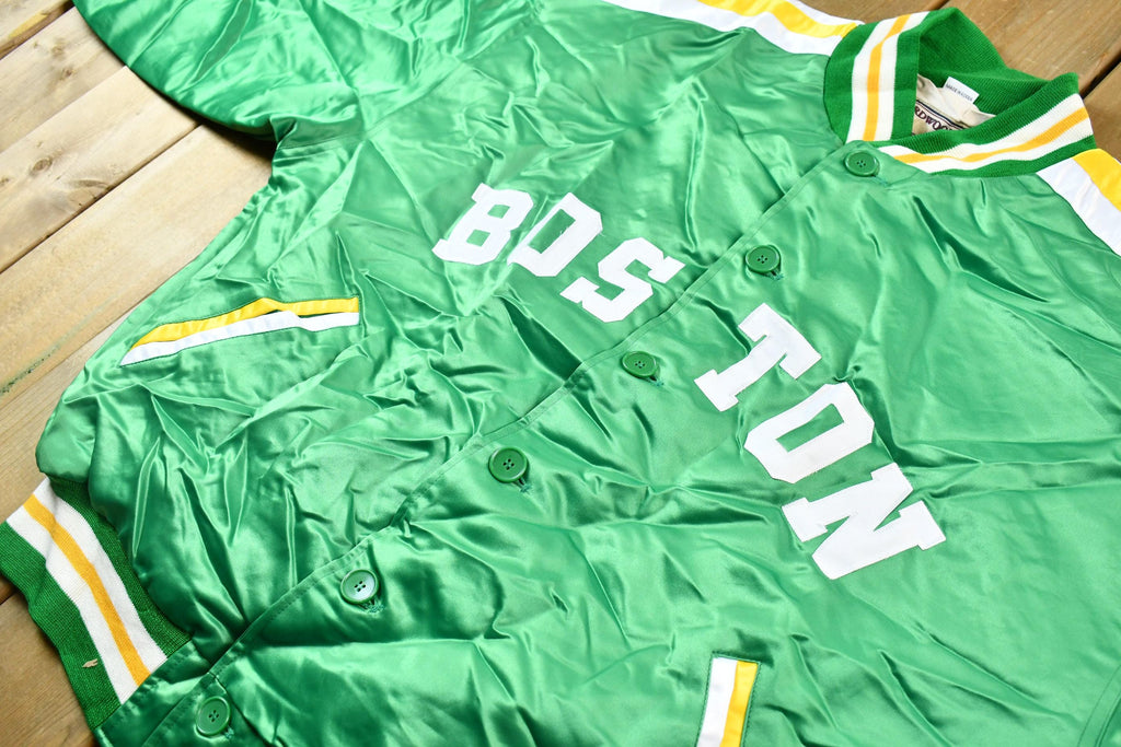 Vintage 1990s Hardwood Classics Bill Russell Boston Celtics NBA Basketball Embroidered Snap Button Satin Bomber Jacket