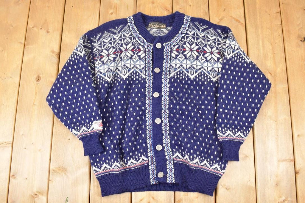Vintage 1970's Nordstrikk Abstract Snowflake Wool Knit Cardigan Sweater Men's L