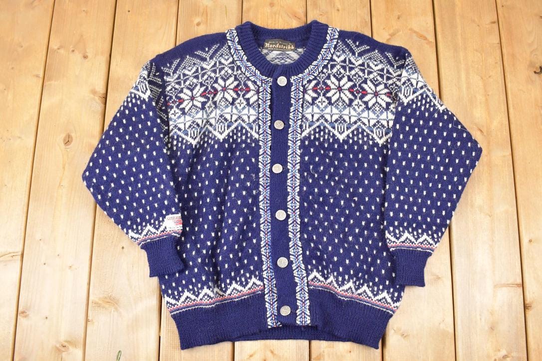 Vintage 1970's Nordstrikk Abstract Snowflake Wool Knit Cardigan Sweater Men's L