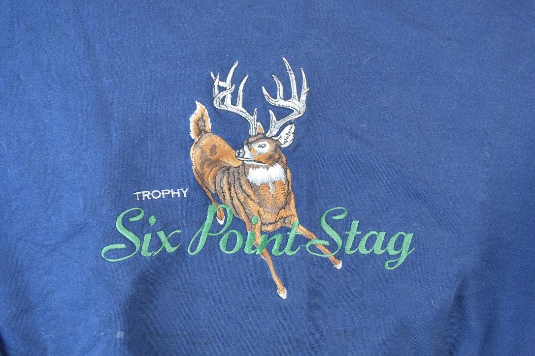 Vintage 1990s Trophy Six Point Stag Outdoorsman Deer Crewneck Sweatshirt  Embroidered  Nature Sweater  Animal Sweater
