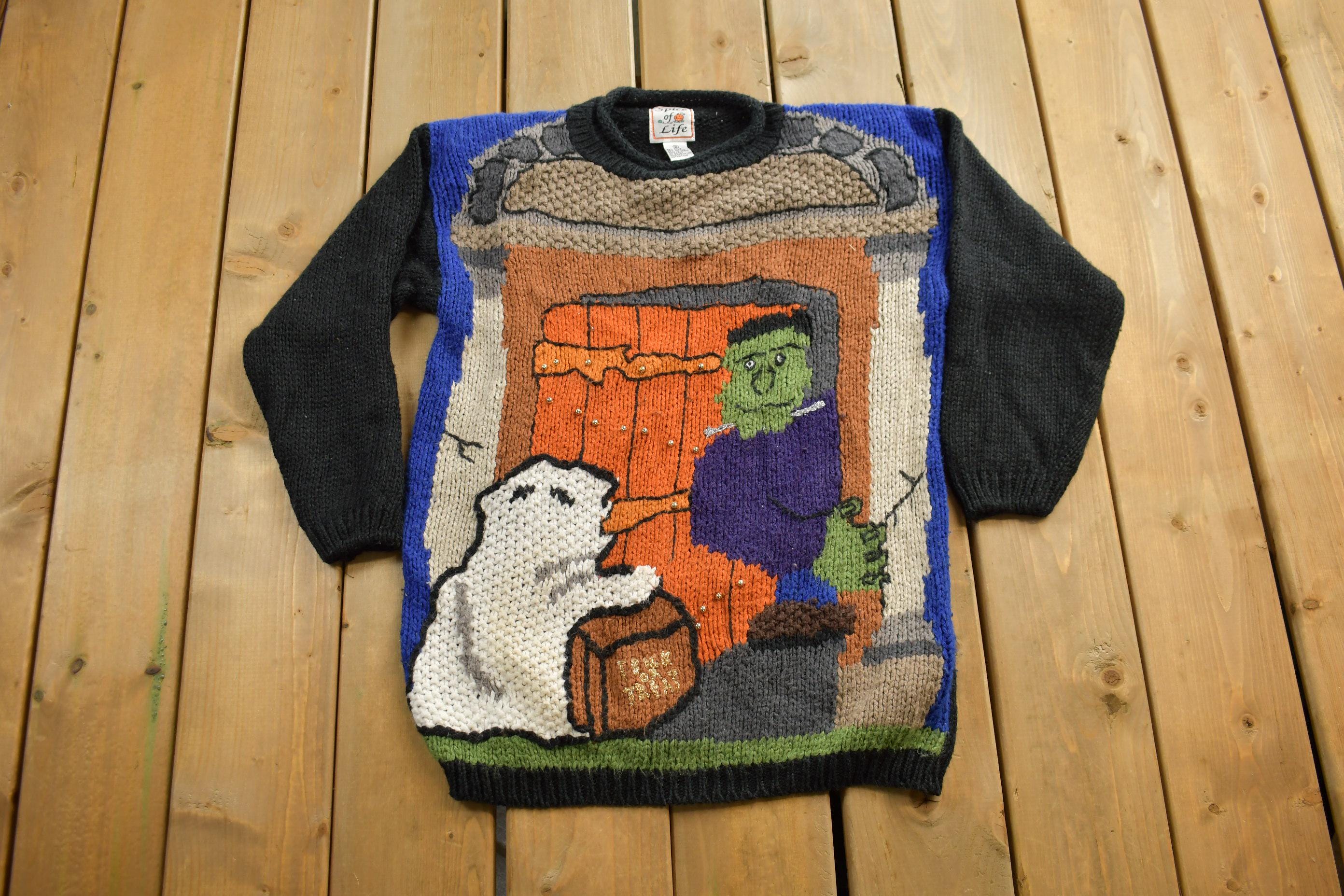 Vintage 1990s Halloween Theme Embroidered Knit Sweater