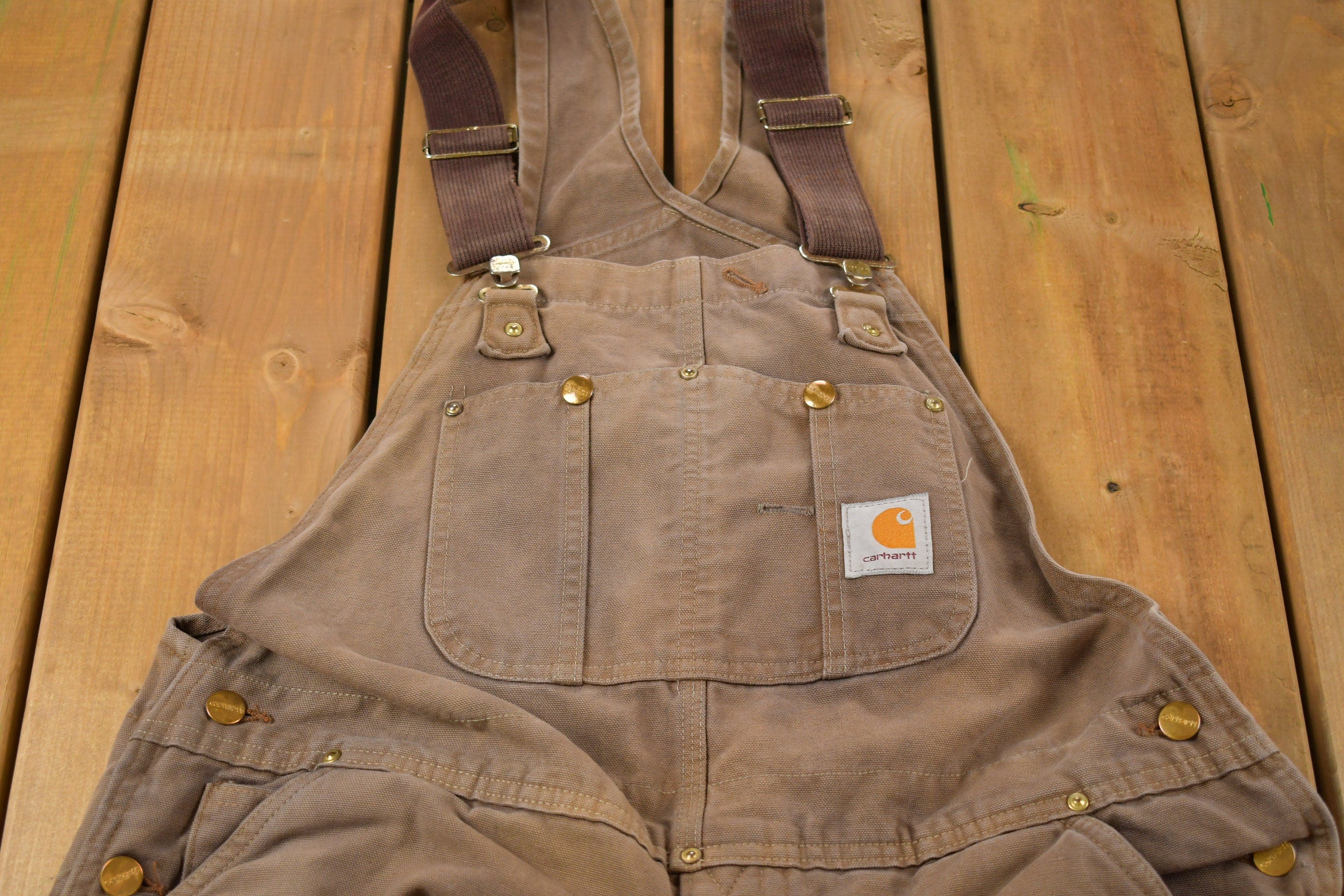 Vintage 1990s Carhartt Brown Double Knee Canvas Quilted Overalls Size 36 x 28