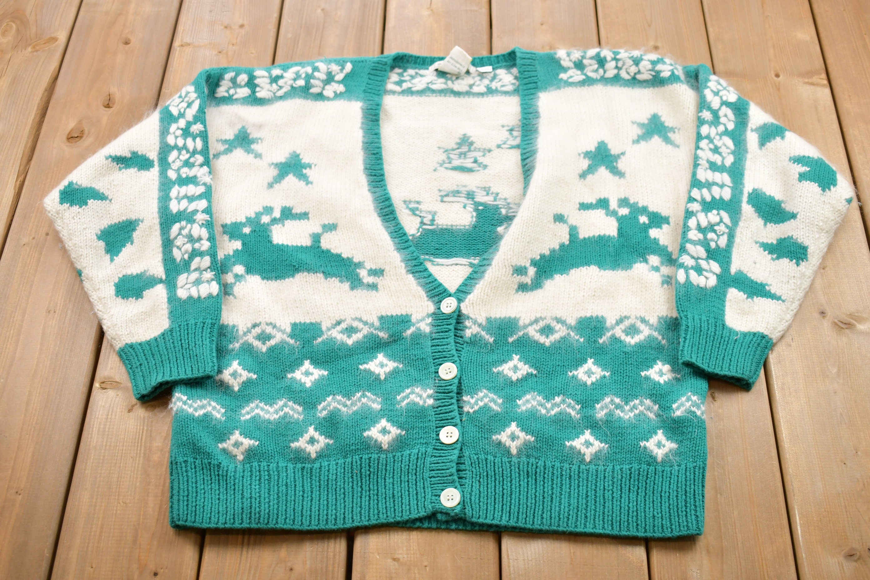 Vintage 1980s Deer Graphic Knitted Cardigan Sweater