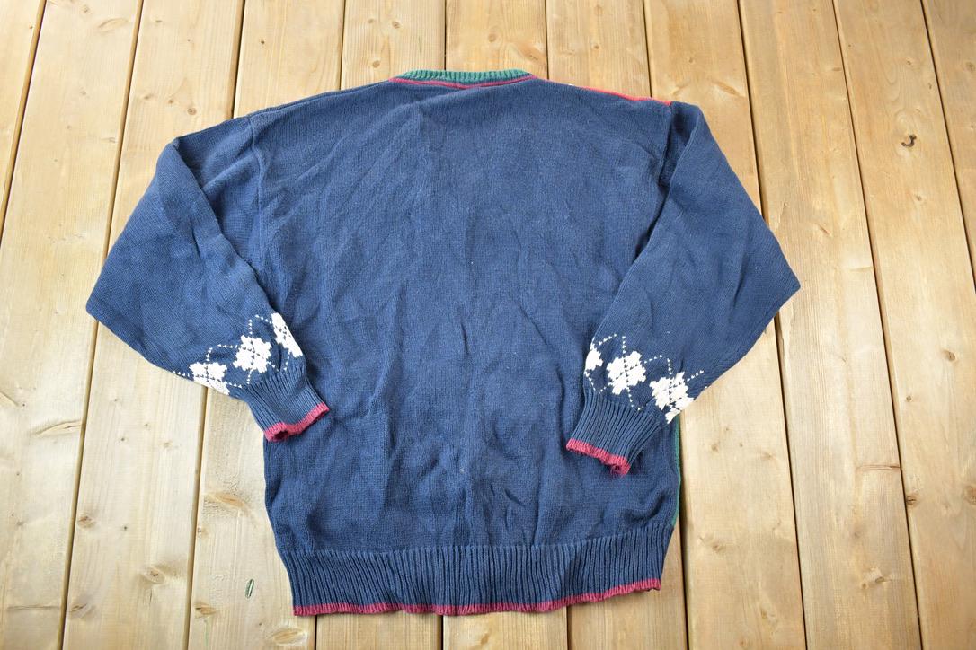 Vintage 1990s Argyle Knit Abstract Pattern V Neck Sweater