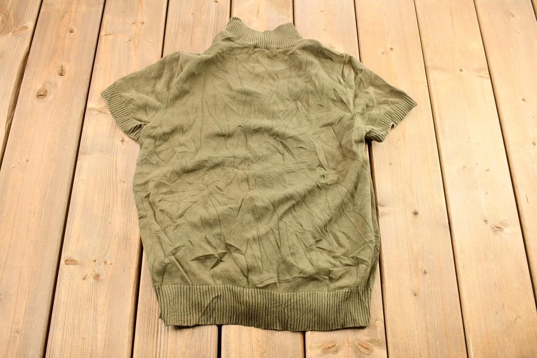 Vintage 1990s Women's Ralph Lauren Olive Drab Green Knit Short Sleeve Button Up Sweater