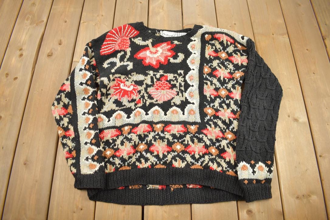 Vintage 1990s Needleworks Knit Patchwork Crewneck Sweater / Vintage 90s Crewneck / All Over Pattern Sweater / Hand Knit