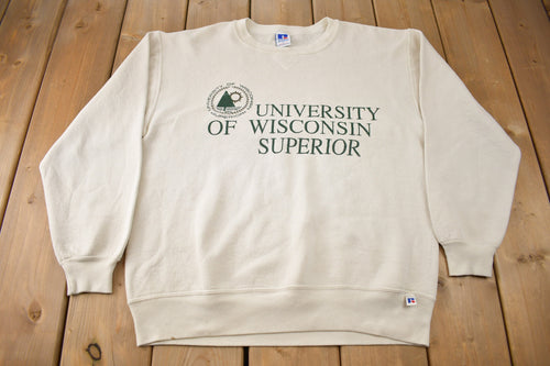 Vintage 1990s University of Wisconsin Superior Russell Athletics Crewneck Sweatshirt / 90s Crewneck / Made In USA / Streetwear / Beige