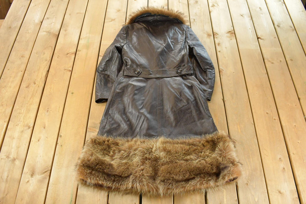 Vintage 1970s Trojan Leather Fur Collar Trench Coat Women's S