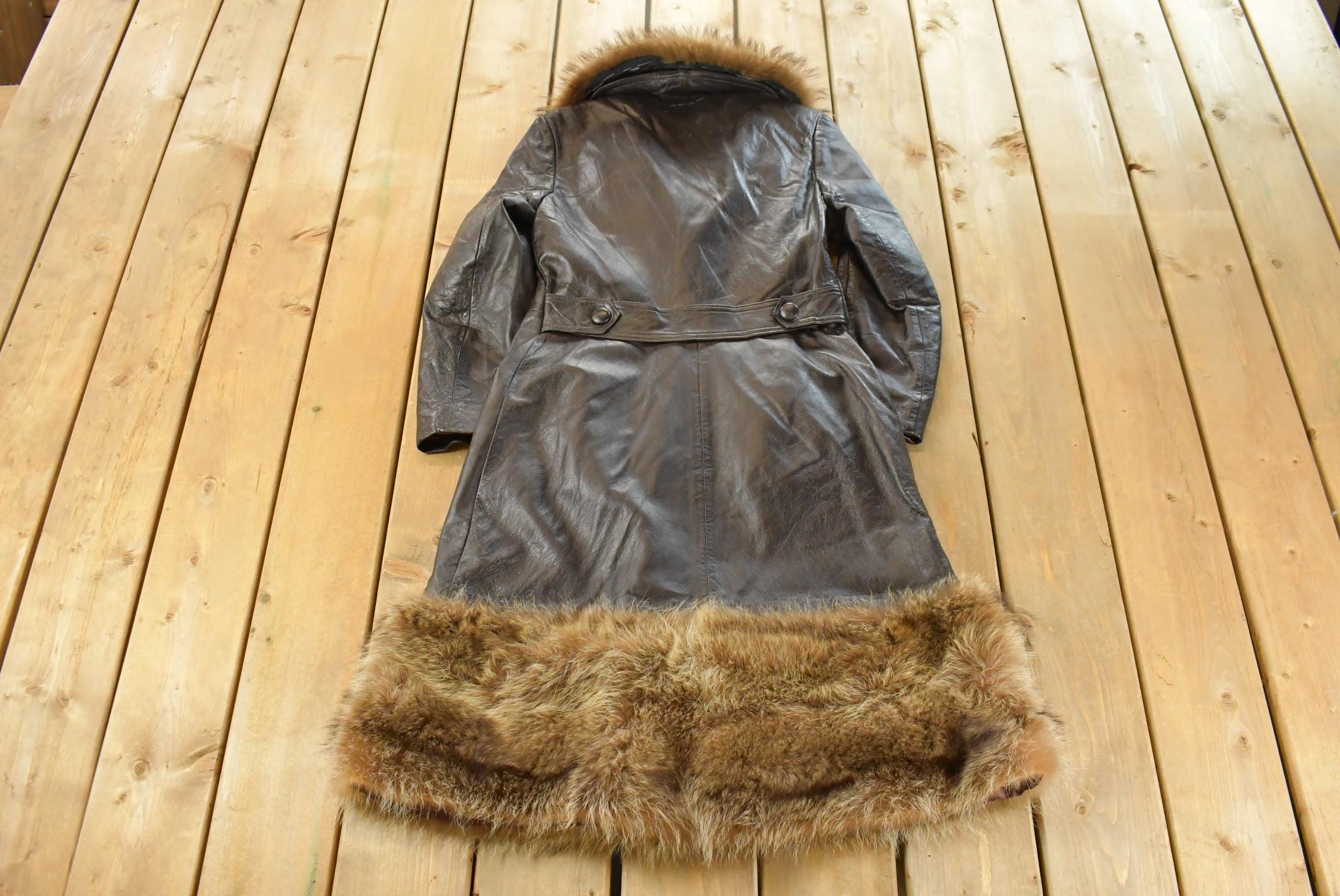 Vintage 1970s Trojan Leather Fur Collar Trench Coat Women's S