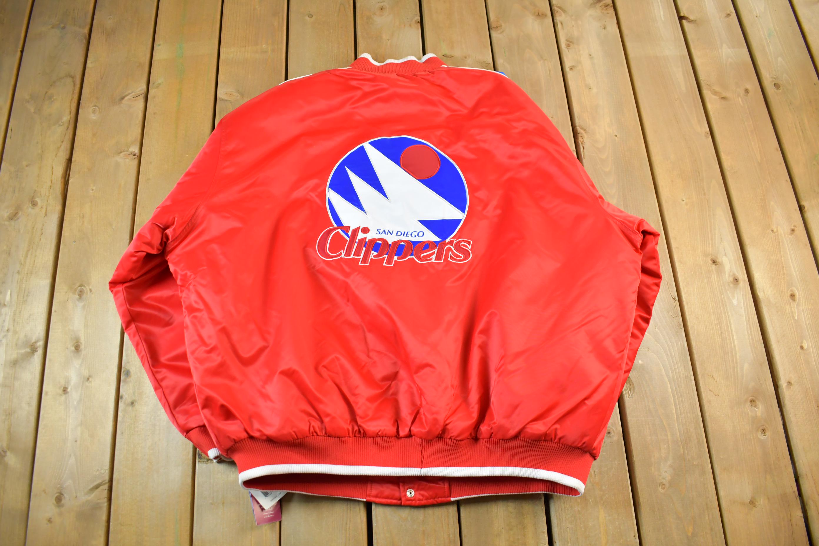 Vintage 2000s Hardwood Classics San Diego Clippers NBA Basketball Embroidered Snap Button Satin Bomber Jacket Mens 2XL