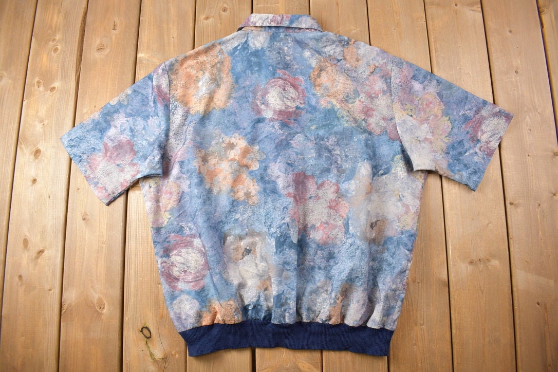 Vintage 1980s Fulton Street Silk Button Up Polo Shirt Floral Abstract Pattern