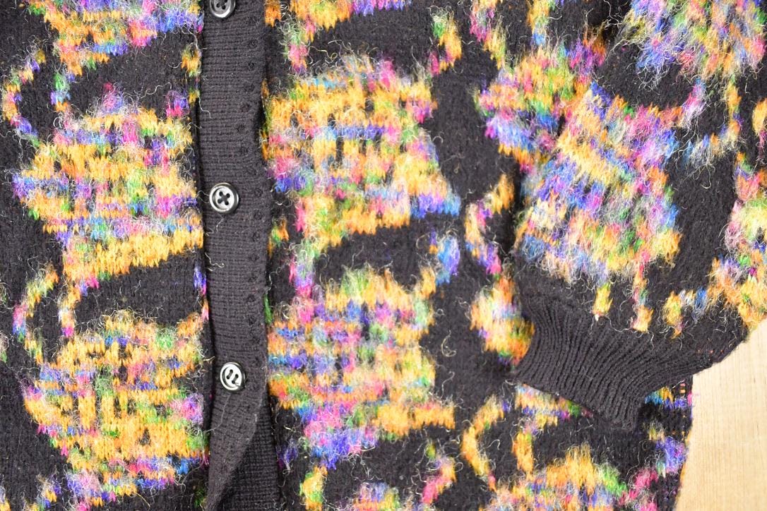 Vintage 1970s Wani Oswal Abstract Wool Knit Cardigan Sweater Women's S