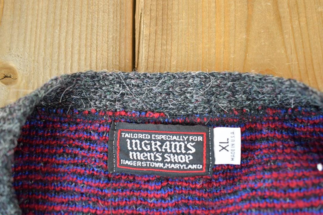 Vintage 1980s Ingrams Mens Shop Knit Abstracy Pattern Perfect Mild Distress Cardigan Sweater Made In USA