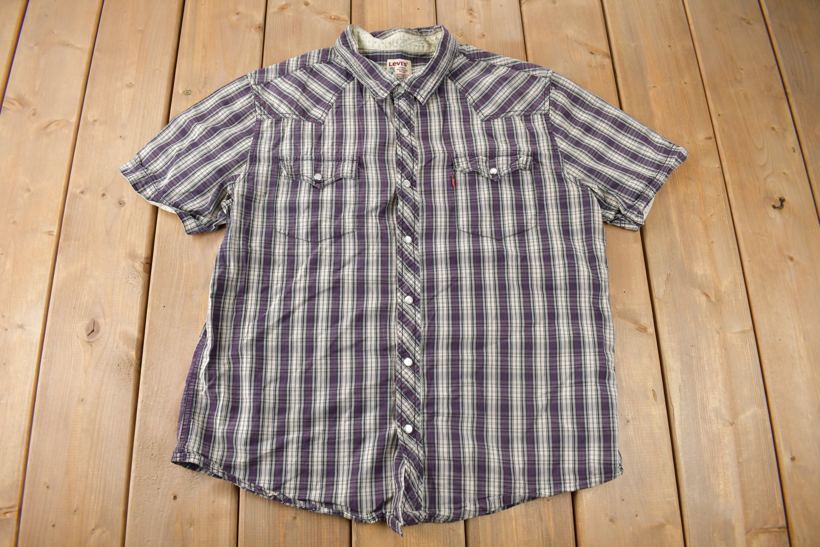 Vintage 1990s Levi's Western Wear Pearl Snap Plaid Short Sleeve Button Up Shirt Size L