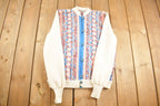 Vintage 1990s Knitted Sleeve Floral Patchwork Bomber Style Cardigan Sweater / Vintage Cardigan / Button Up / Abstract Pattern