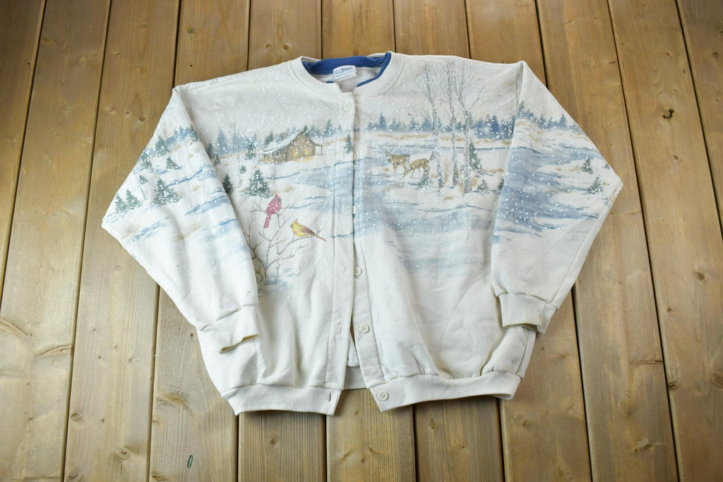 Vintage 1990s Artisans All Over Print Winter Theme Button Up Crewneck
