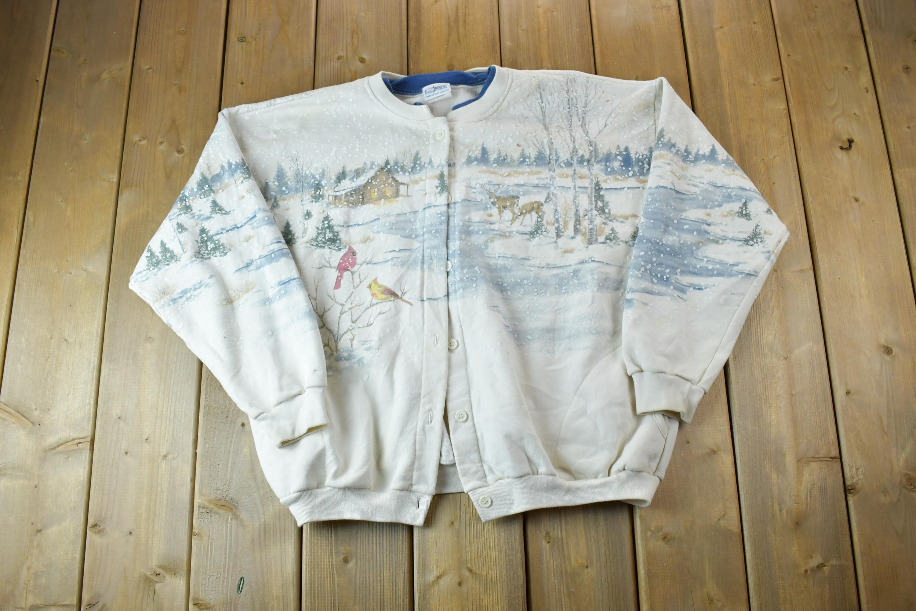 Vintage 1990s Artisans All Over Print Winter Theme Button Up Crewneck