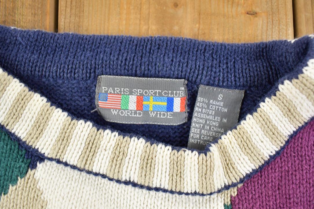 Vintage 1990s Paris Sport Club Knit Crewneck Sweater / 90s Crewneck / Abstract Pattern / Preppy Knit