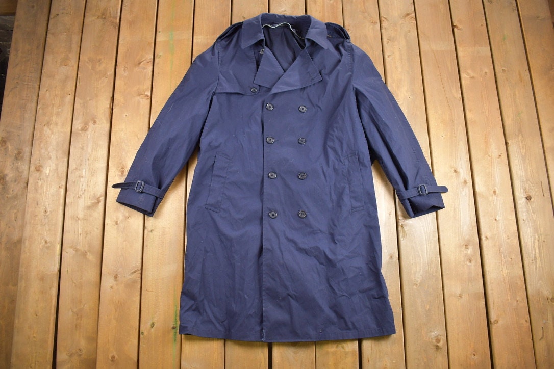 Vintage 1990s DSCP Defender Navy Blue Trench Coat  Heavy Trench  Full Length Jacket  Streetwear