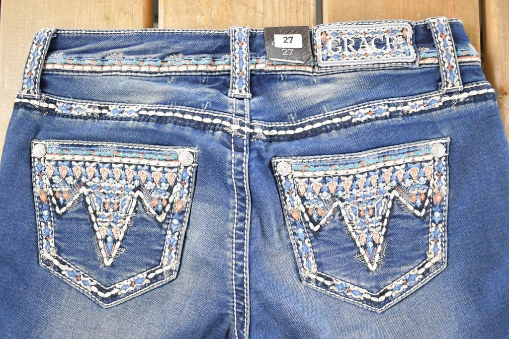 Vintage Deadstock Y2K Grace In LA Hippy Embroidered Bootcut Low Rise Skinny Jeans Women's Size 27 x 32