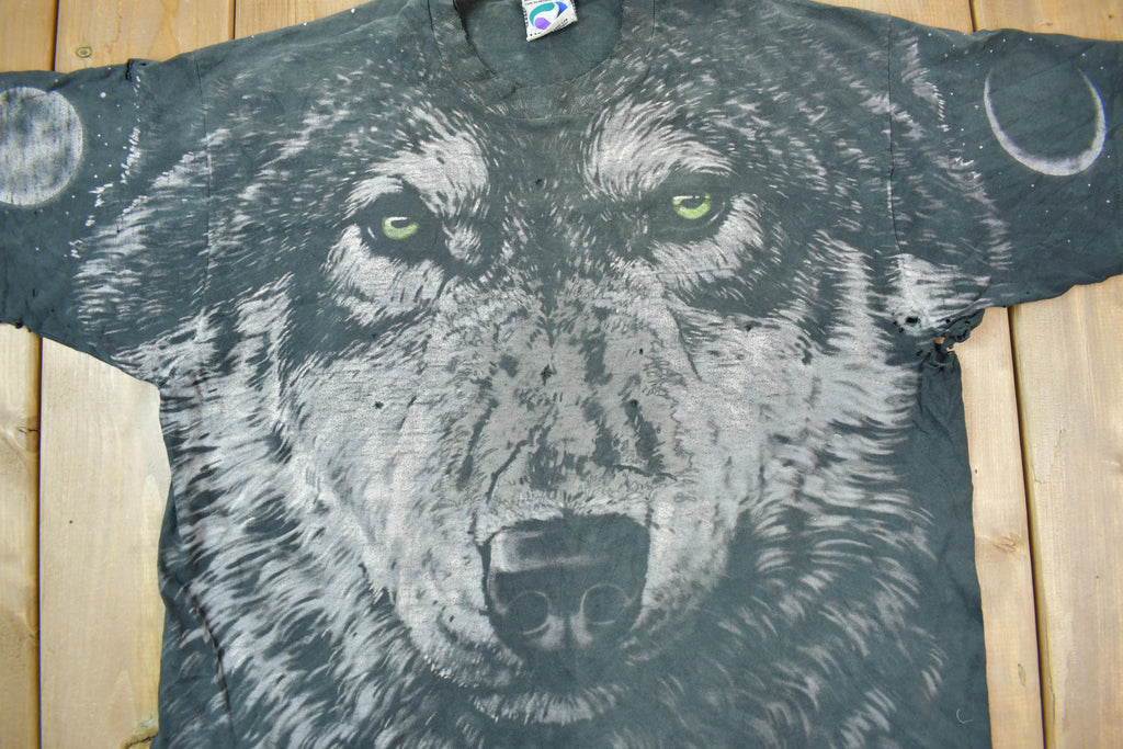 Vintage 1995 Grey Wolf Theme All Over Print Liquid Blue Graphic T-Shirt
