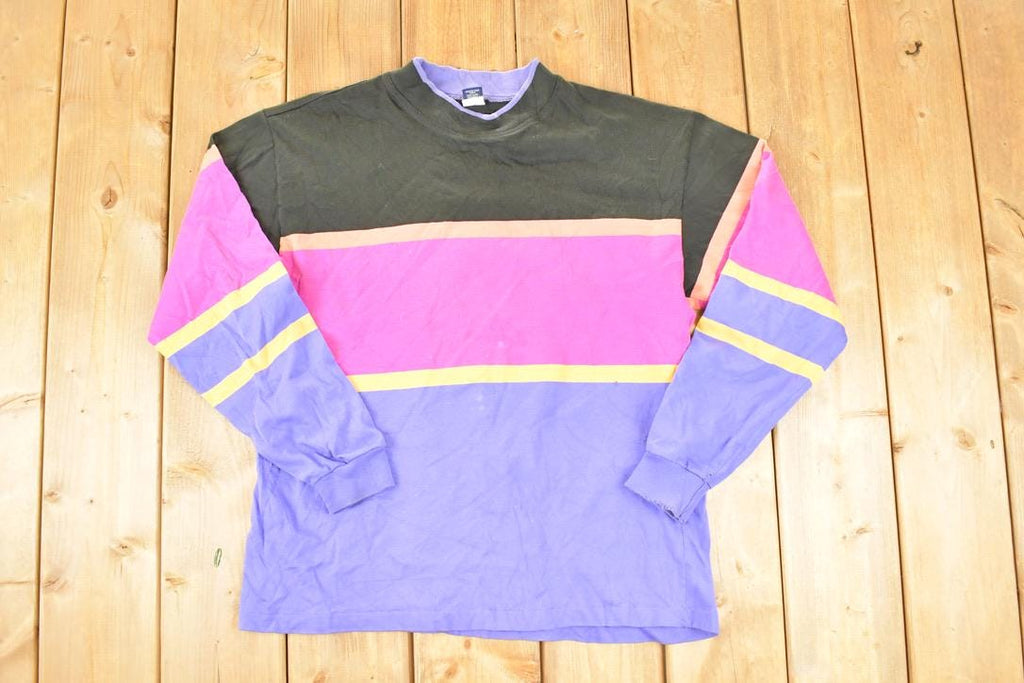 Vintage 1990s Lands End Big Striped Double Collar Crewneck Sweatshirt Women's L