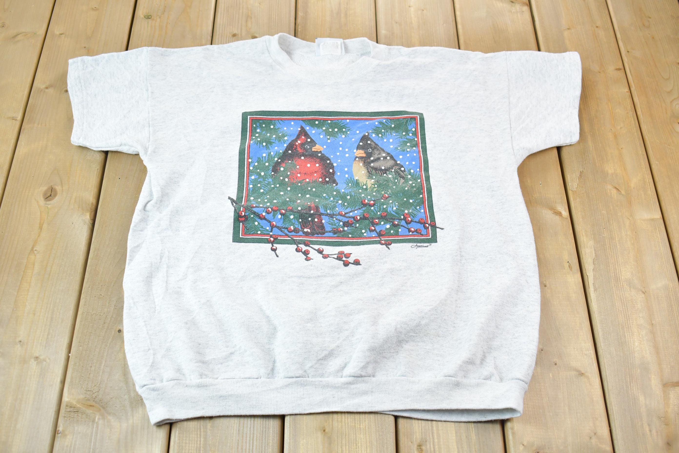 Vintage 1990s Winter Cardinal Scene Lee Short Sleeve Crewneck Sweater