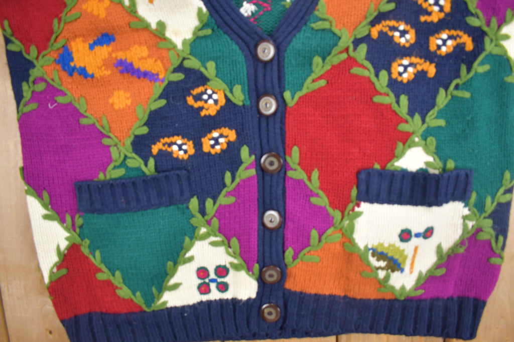 Vintage 1990s IVY Argyle Patchwork Knit Cardigan Sweater Ivy Themed