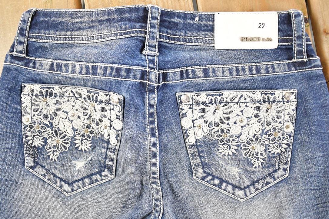 Vintage Deadstock Y2K Grace In LA Bedazzled Bootcut Low Rise Jeans Women's Size 26 x 32