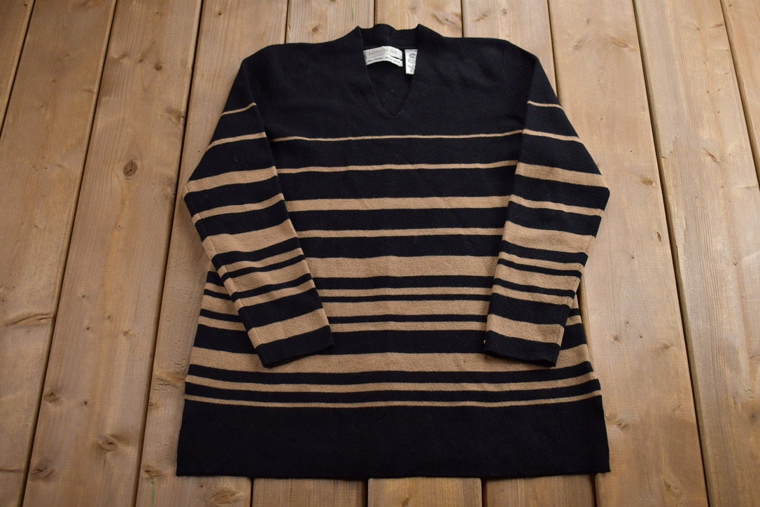 Vintage 1990s Knitted Striped V Neck Sweater
