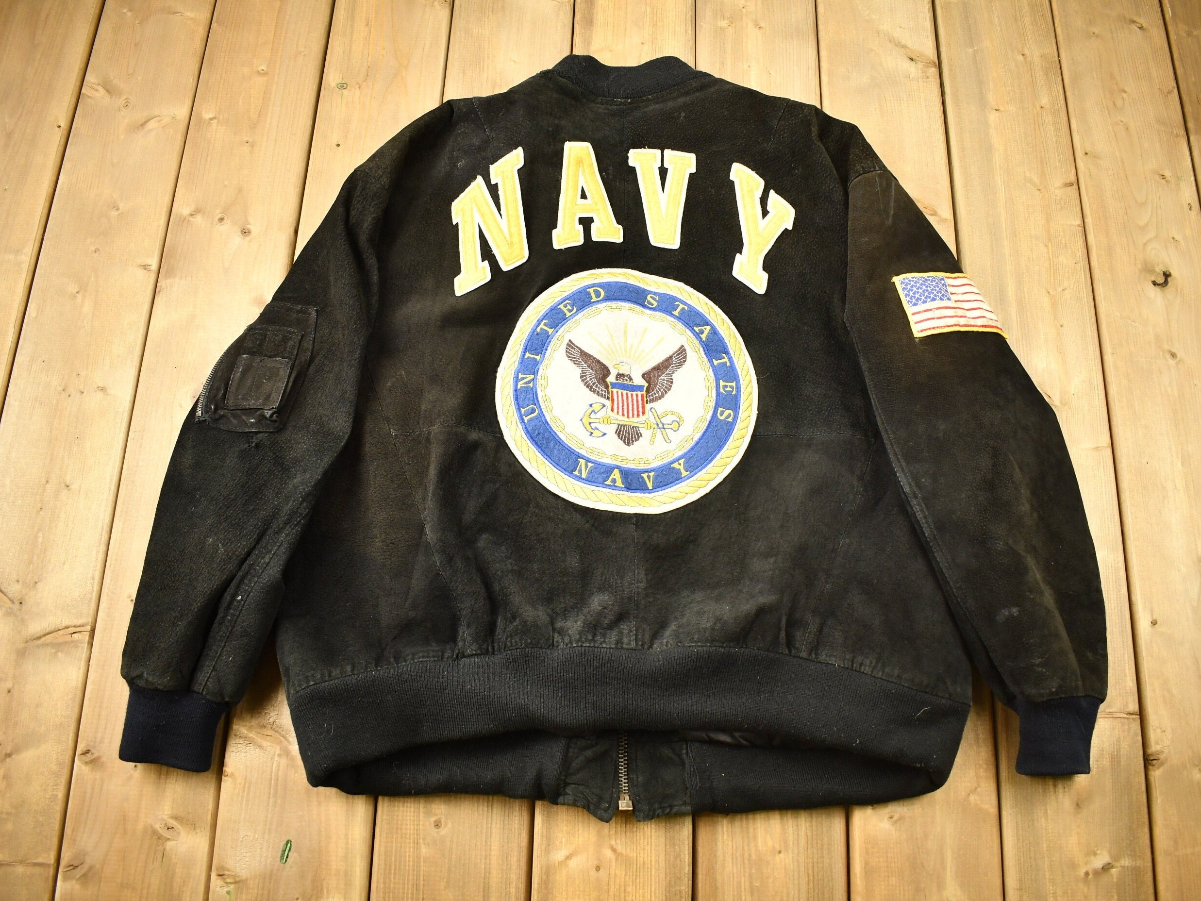 Vintage 1980s United States Navy Suede Varsity Style Jacket