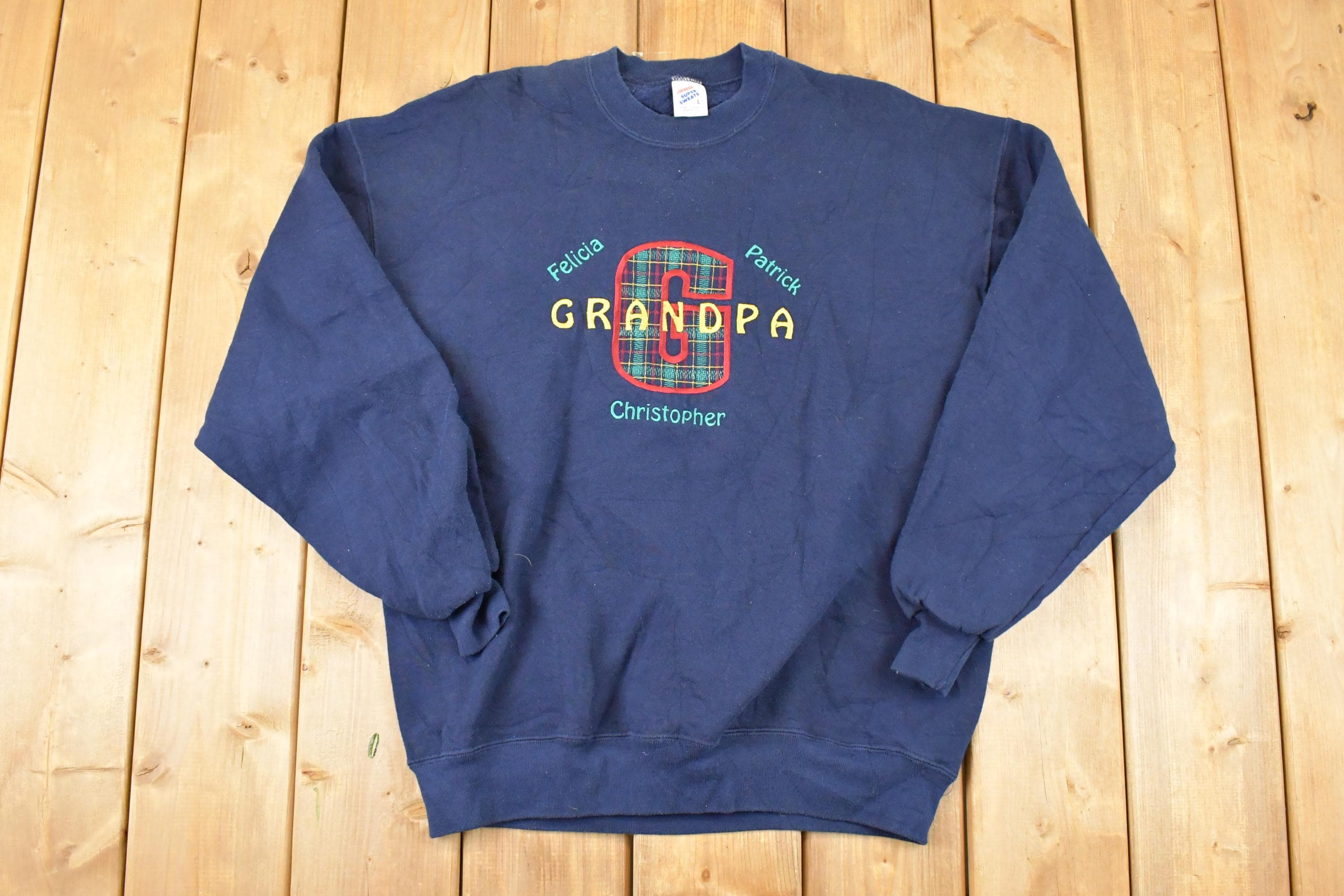 Vintage 1990s Grandpa Cute Embroidered Plaid G Crewneck Sweatshirt Mens L