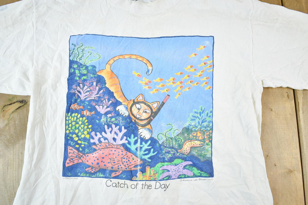 Vintage 1990s Catch Of the Day Cat Scuba Souvenir T-Shirt Women's L