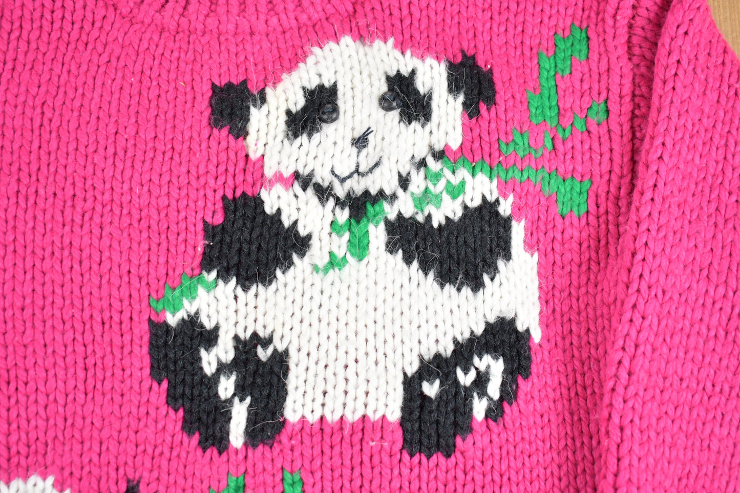 Vintage 1980s Hand Knit Panda Theme Crewneck Sweater / Vintage 80s Crewneck / Cute Pandas / Pink / Youth