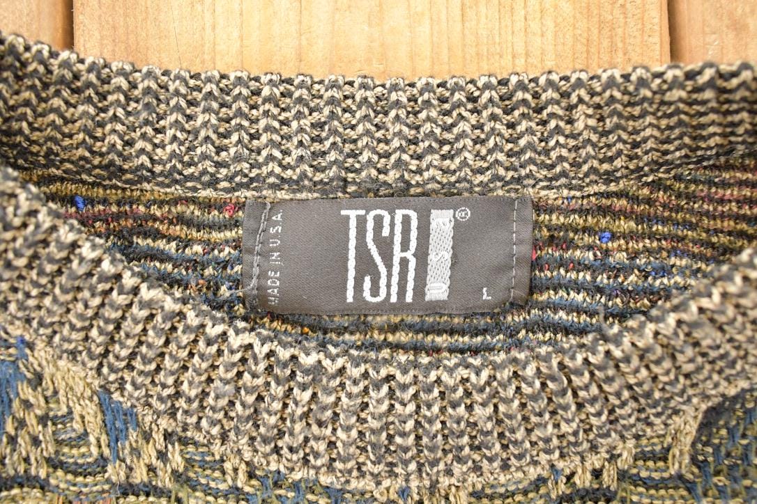 Vintage 1990s TSR Knit Abstract Print Crewneck Sweater Men's L