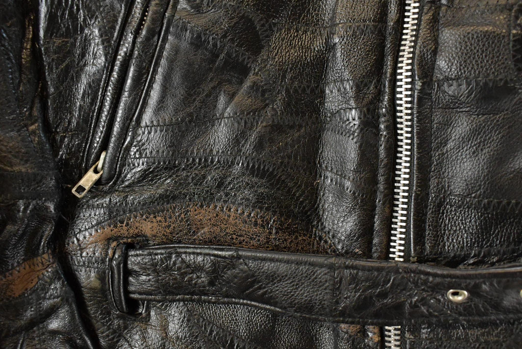 Vintage 1980s Diamond Plate Buffalo Leather Biker Motorcycle Jacket Men's 2XL
